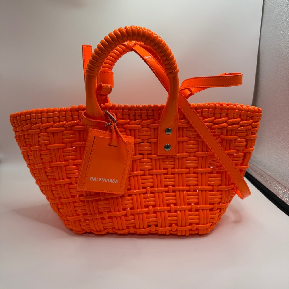 NEW Balenciaga Bistro Neon Orange Woven Tote with Top Handles - Picture 2 of 9